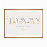 Personalised woodland name print with soft animal illustrations for boy's nursery