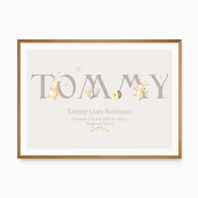 Personalised woodland name print with soft animal illustrations for boy's nursery