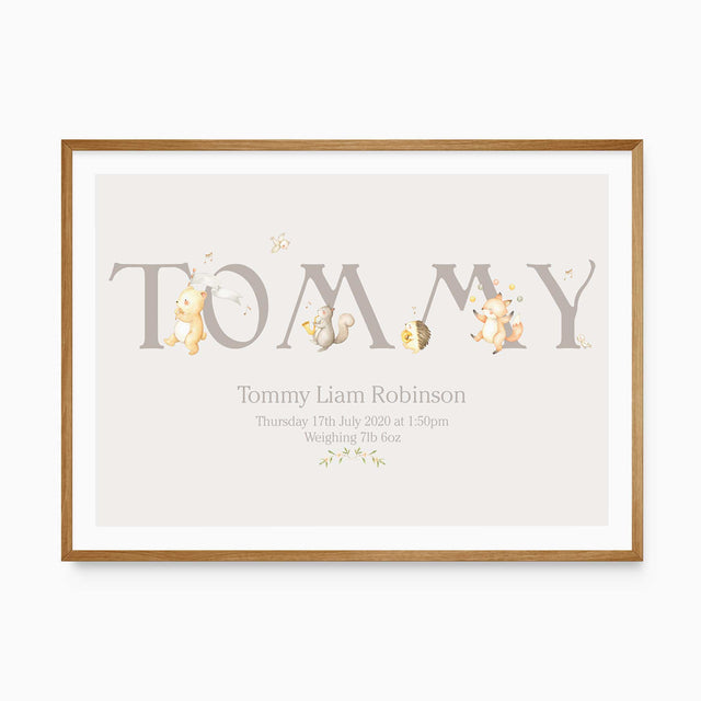 Personalised woodland name print with soft animal illustrations for boy's nursery