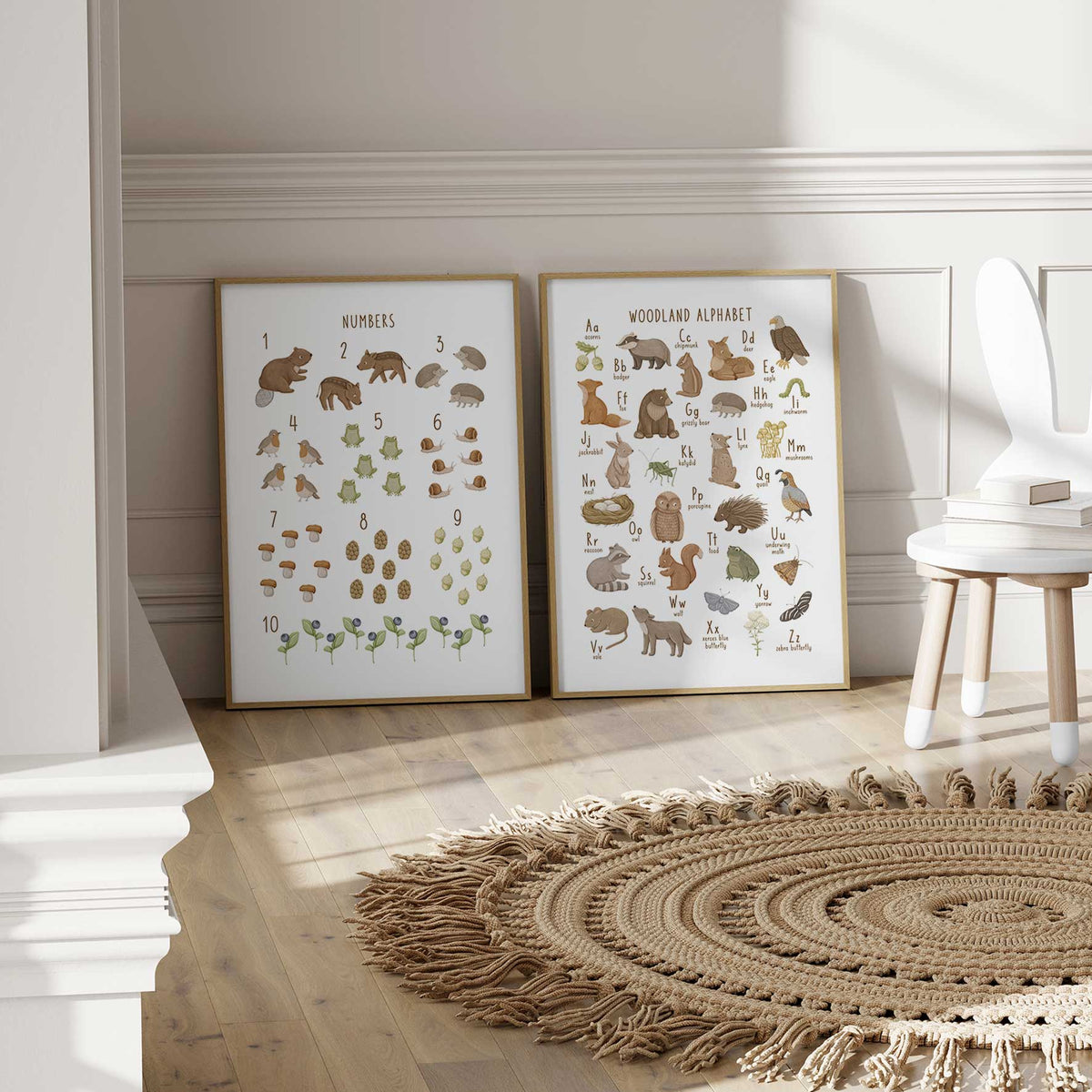 Woodland numbers print showing numbers 1 to 10 with forest animals and nature objects for simple counting practice