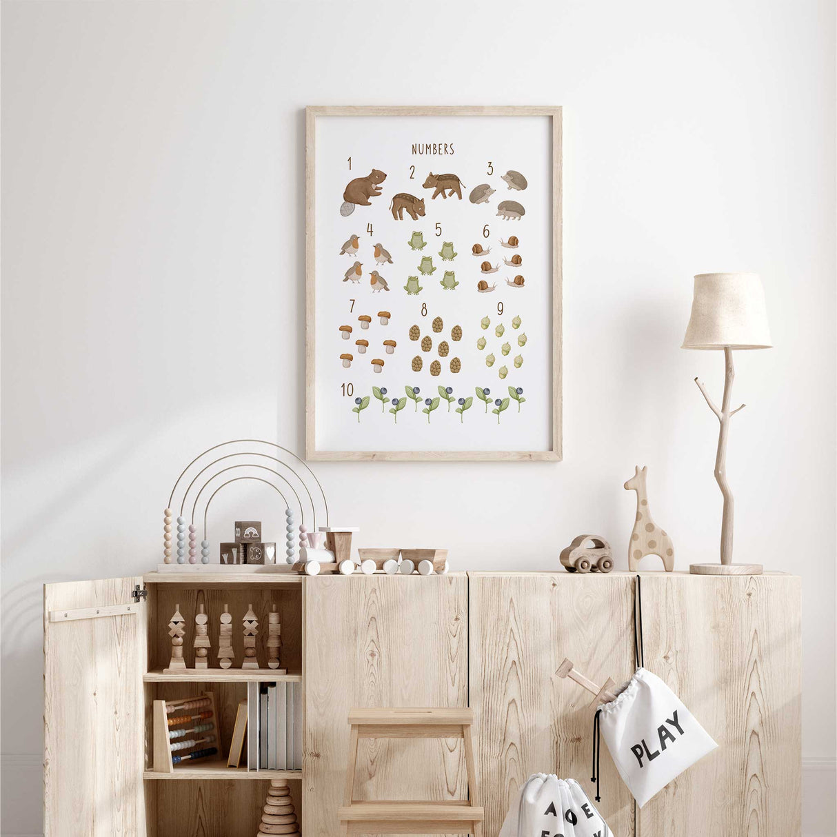 Woodland numbers poster for kids room featuring cute forest animals and nature illustrations for counting practice from 1 to 10