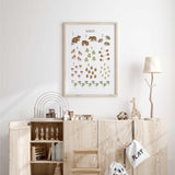 Woodland numbers poster for kids room featuring cute forest animals and nature illustrations for counting practice from 1 to 10