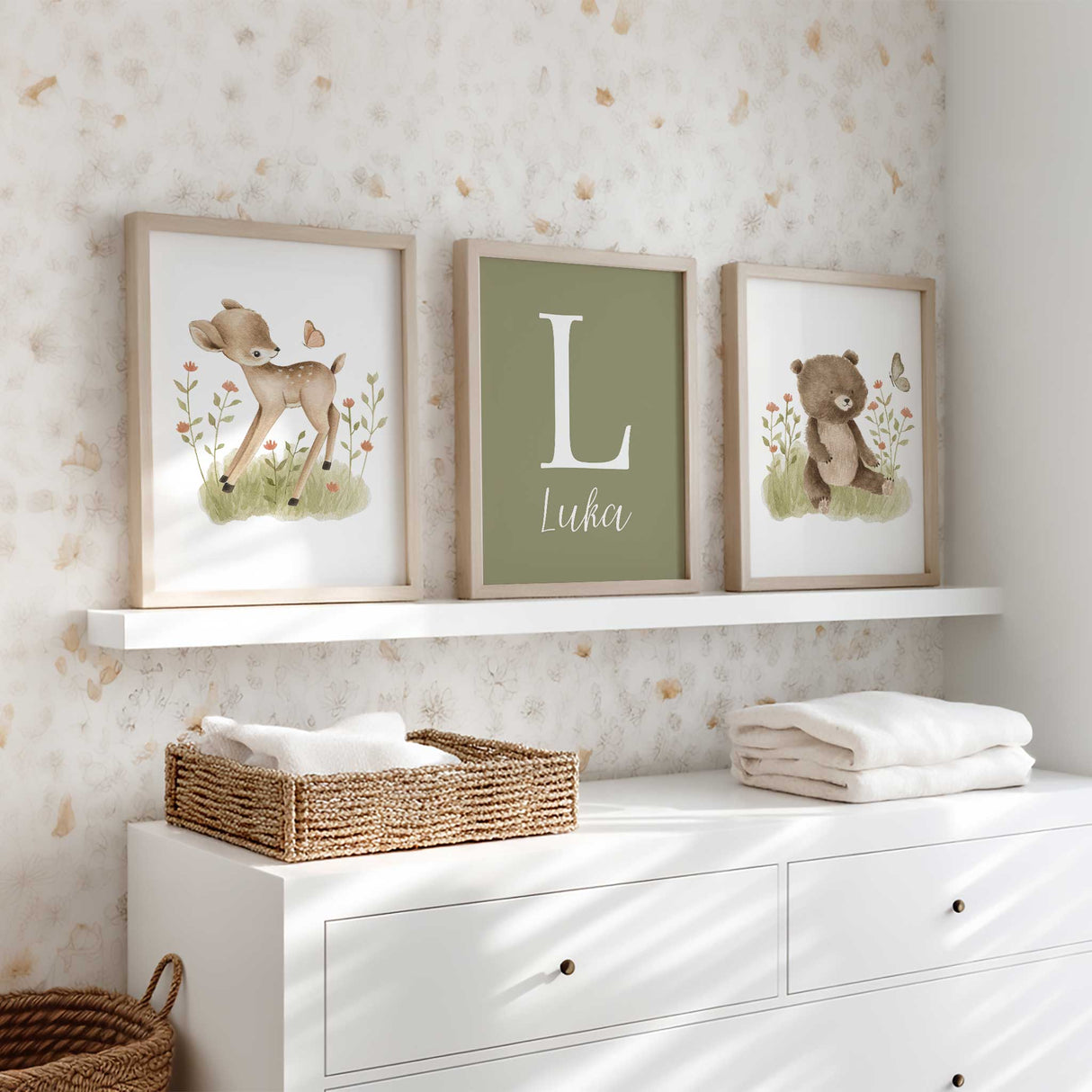 Woodland nursery print set featuring a baby deer, personalised initial and name print, and a cute bear illustration