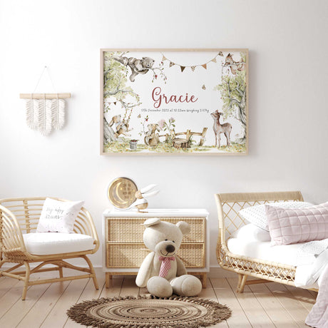 Woodland nursery print with baby name and birth details