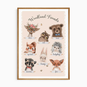 Woodland nursery print featuring cute forest animals, including a deer, owl, bear, squirrel, hedgehog, raccoon, bunny, and fox.