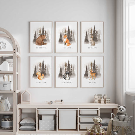 Baby animal poster set with fox, deer, bear and more