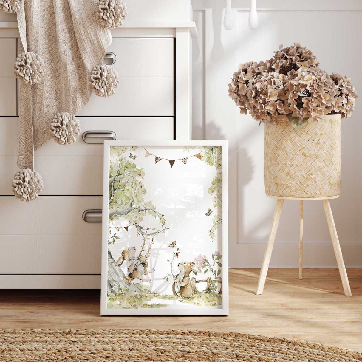 woodland nursery rabbit wall art in soft neutral tones