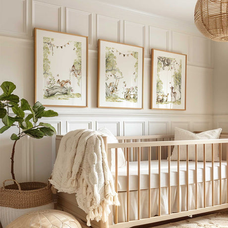 Woodland nursery wall art set featuring forest animals – perfect for baby rooms.