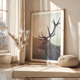 Woodland stag art print showing the antlered deer portrait in soft neutral colours against a misty background