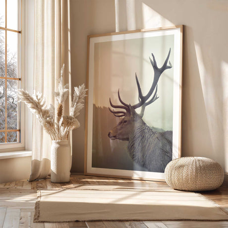 Woodland stag art print showing the antlered deer portrait in soft neutral colours against a misty background