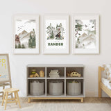 Coordinating woodland prints with bears, forest trees, birds, mountains and a personalised name