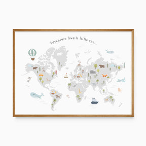 Adventure-themed kids' world map print with animals and soft neutral tones