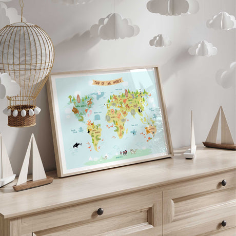 World map for kids featuring illustrated animals from Australia, Africa, Asia, Europe and the Americas