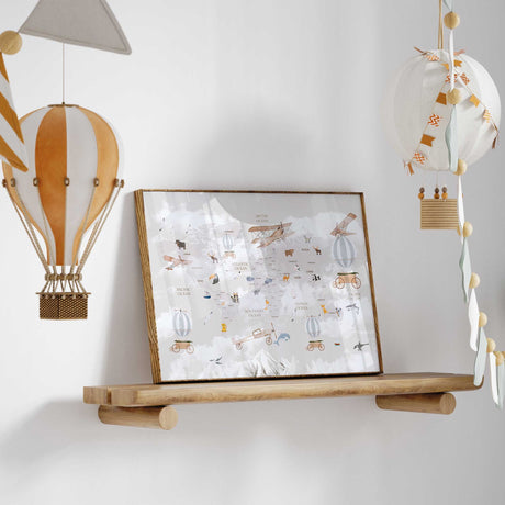 Vintage world map with animals, planes, balloons, continents, and soft neutral colours for kids room décor.
