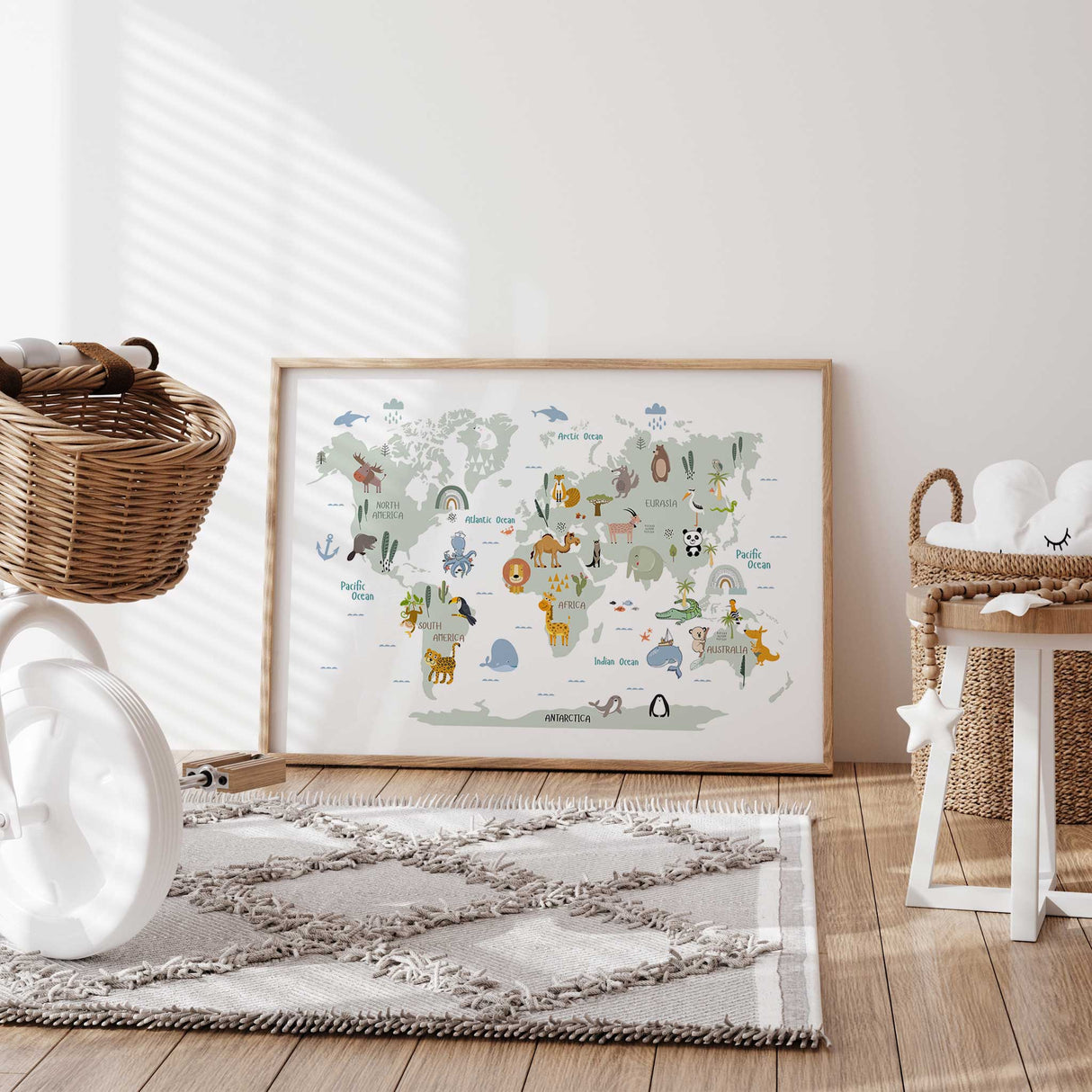 World map for children featuring animals from around the world