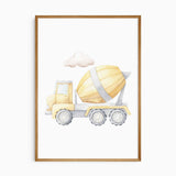 Yellow watercolour cement mixer print with grey wheels and a soft cloud above the truck on a white background.