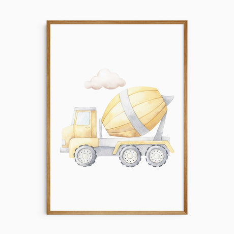 Yellow watercolour cement mixer print with grey wheels and a soft cloud above the truck on a white background.