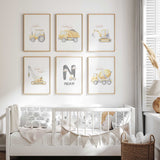 Six yellow watercolour construction prints with clouds, five vehicle designs ad one personalised