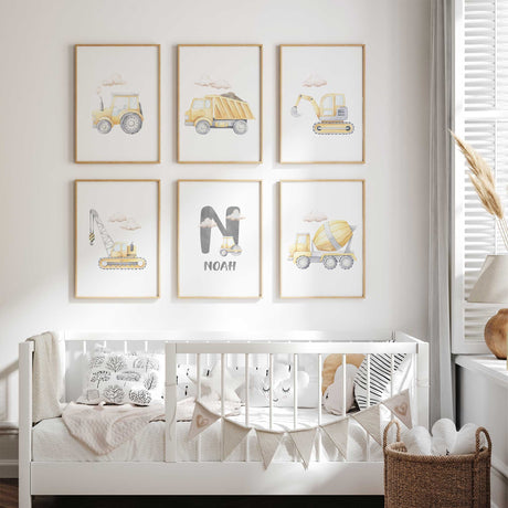 Six yellow watercolour construction prints with clouds, five vehicle designs ad one personalised