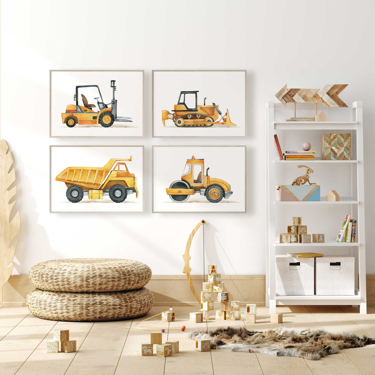 Four landscape construction prints with yellow forklift, bulldozer, dump truck and road roller designs on white backgrounds.