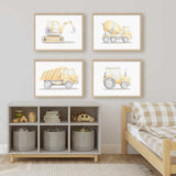 Four yellow watercolour construction vehicle prints featuring an excavator, cement mixer, dump truck and tractor.