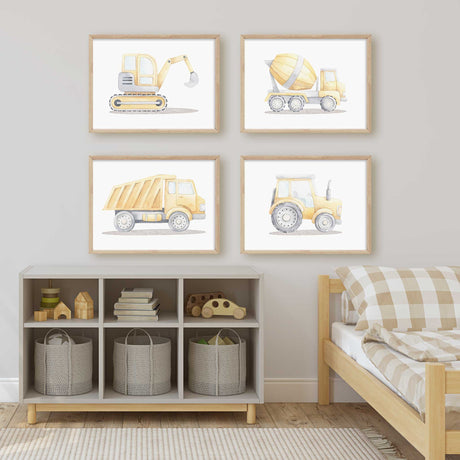 Four yellow watercolour construction vehicle prints featuring an excavator, cement mixer, dump truck and tractor.