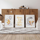 Yellow duck nursery wall art prints featuring clouds, stars and moon in soft neutral tones, perfect for baby nursery or kids bedroom decoration.