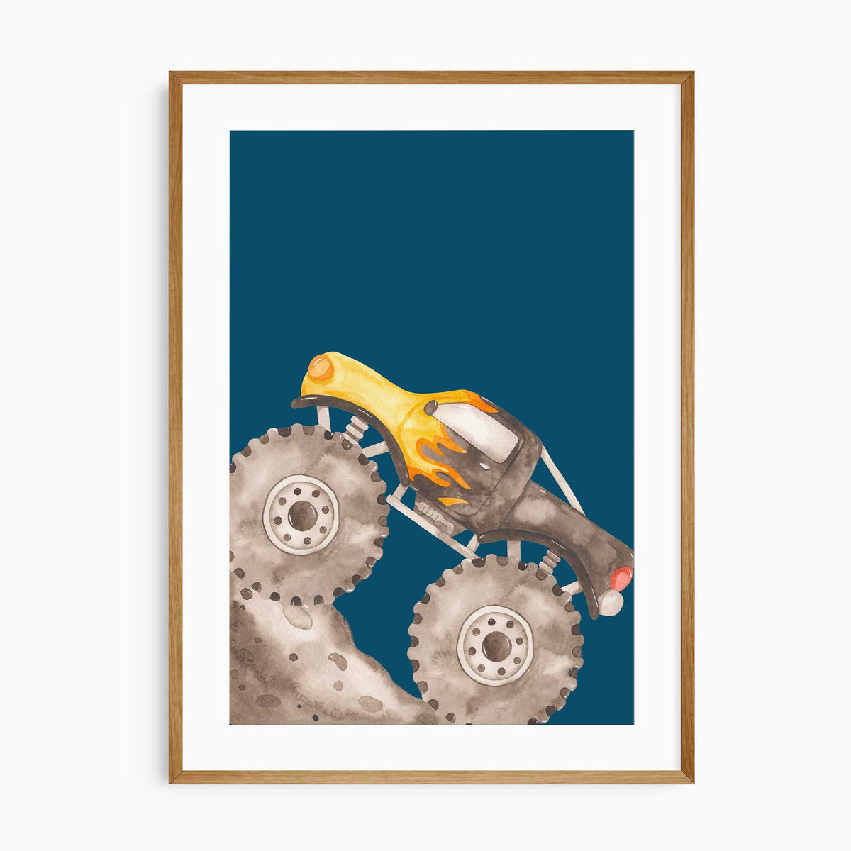 Yellow and black monster truck with flame details and oversized muddy tyres on a deep blue background with a dirt slope.
