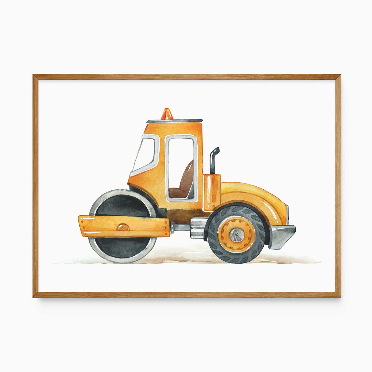 Yellow and orange watercolour road roller with a black front drum, grey wheel and brown seat on a white landscape print.