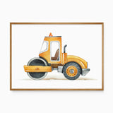 Yellow and orange watercolour road roller with a black front drum, grey wheel and brown seat on a white landscape print.