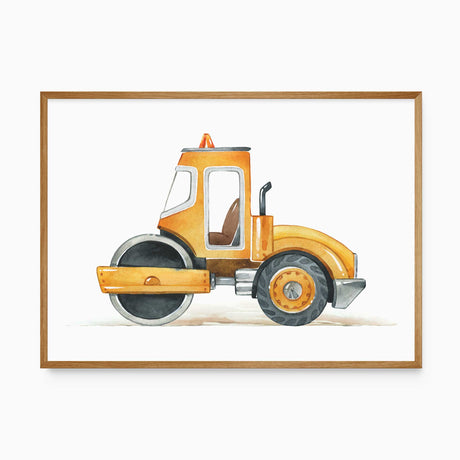 Yellow and orange watercolour road roller with a black front drum, grey wheel and brown seat on a white landscape print.