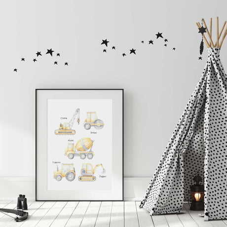 Yellow construction vehicle print with crane, mixer and roller, perfect boys room or playroom decoration.