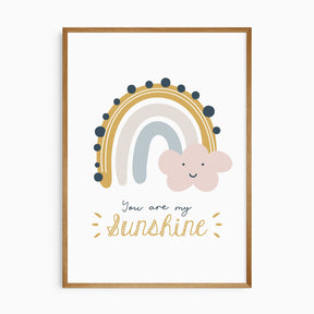 Rainbow nursery wall art with smiling cloud and you are my sunshine quote in soft pastel colours