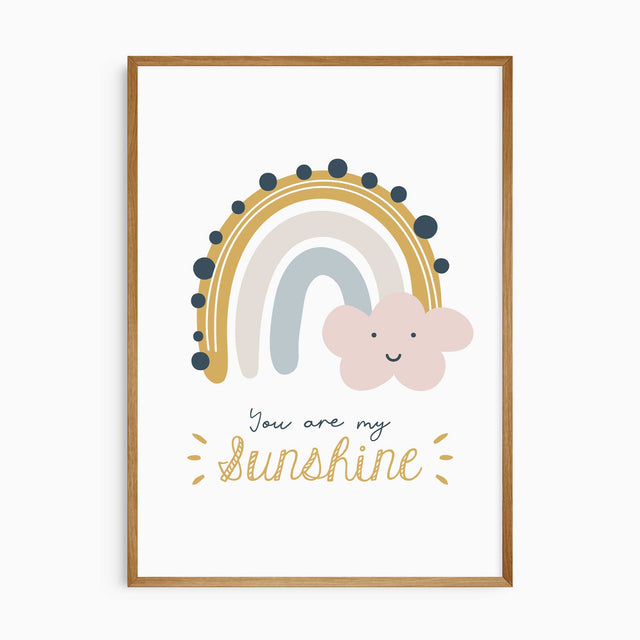 Rainbow nursery wall art with smiling cloud and you are my sunshine quote in soft pastel colours