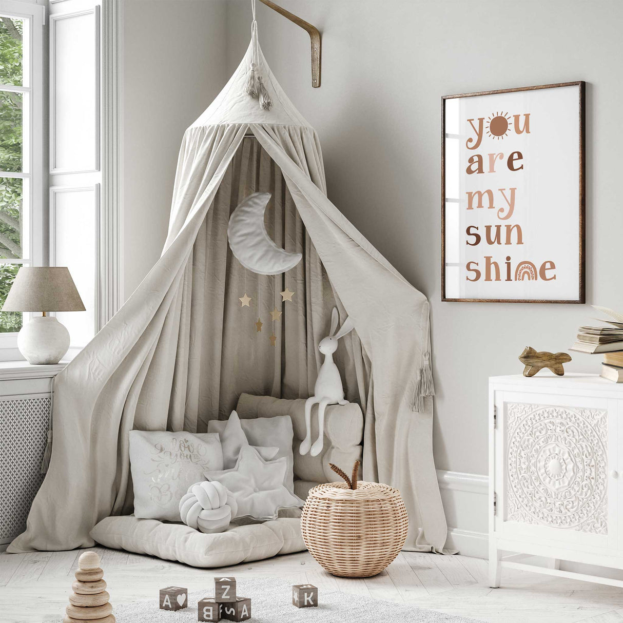 You Are My Sunshine nursery print in soft neutral tones with sun and rainbow details