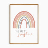 You Are My Sunshine rainbow print with handwritten lettering in earthy tones for kids room