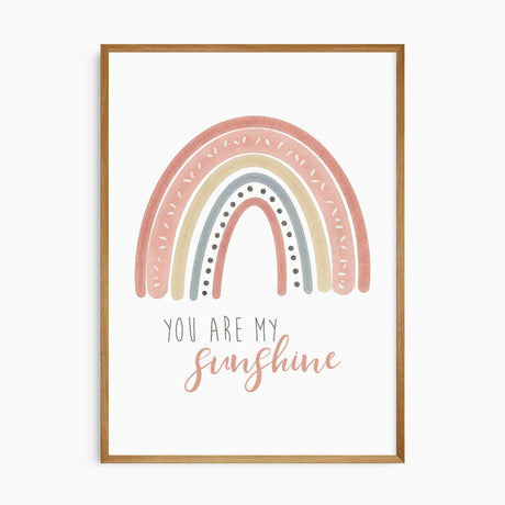 You Are My Sunshine rainbow print with handwritten lettering in earthy tones for kids room