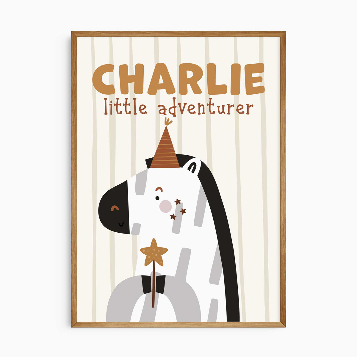 Personalised zebra wall print with bold name lettering, party hat and playful star detail for a nursery or kids room.