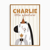 Personalised zebra wall print with bold name lettering, party hat and playful star detail for a nursery or kids room.