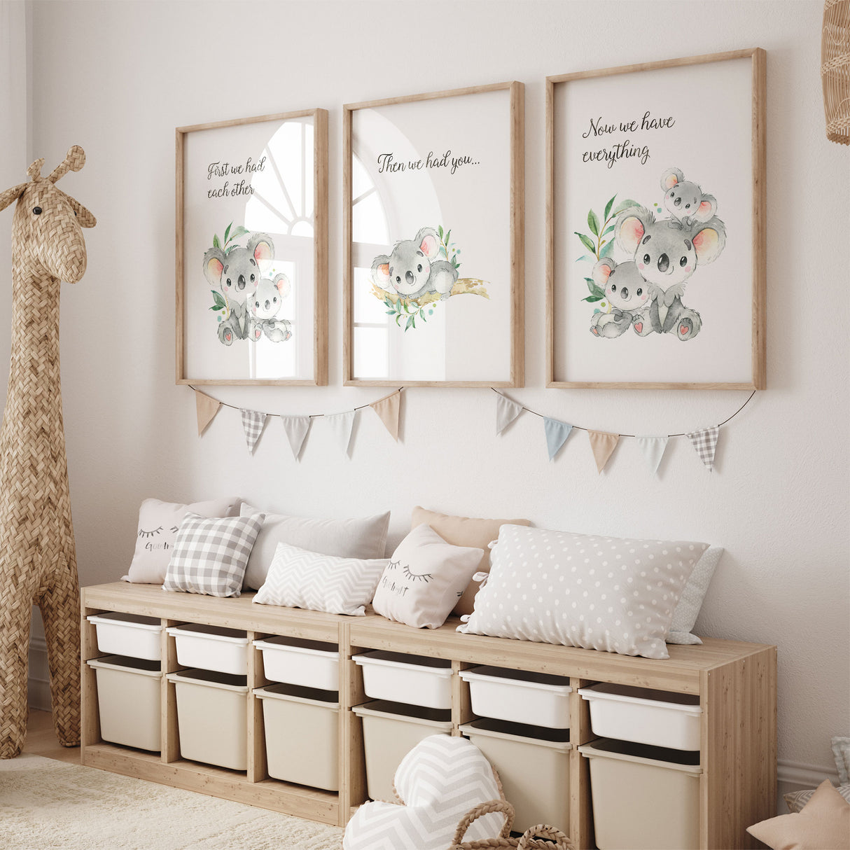 Australian animal wall art set with adorable koala family illustrations, ideal for neutral baby nursery or children’s bedroom décor.