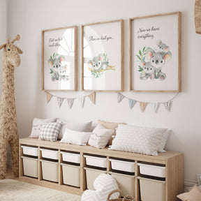 Australian animal wall art set with adorable koala family illustrations, ideal for neutral baby nursery or children’s bedroom décor.
