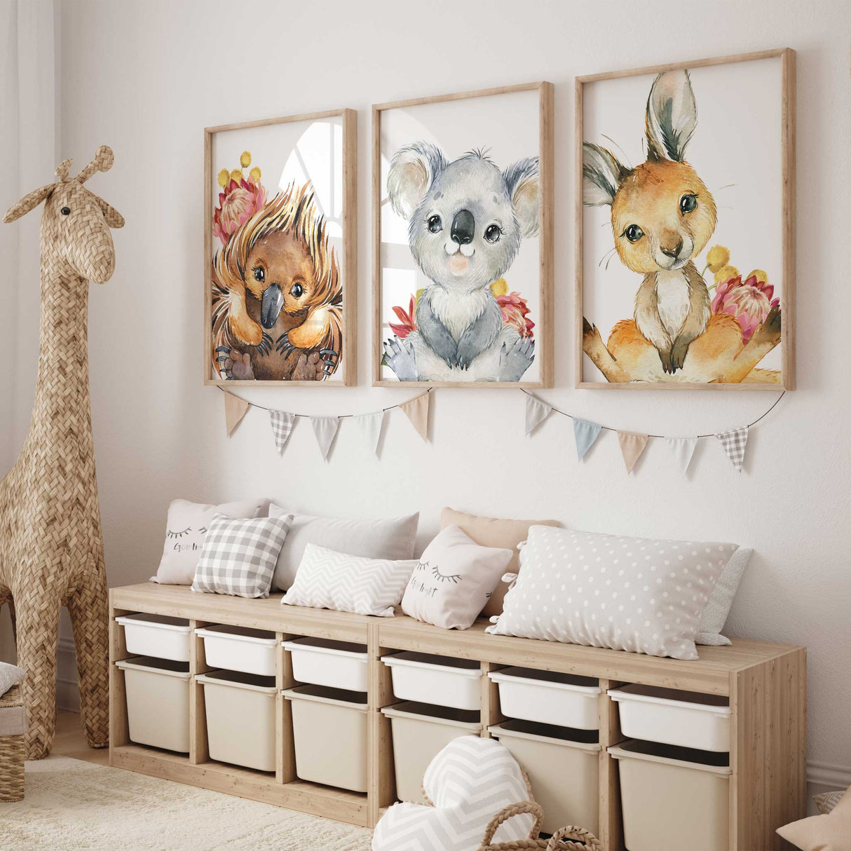 Australian baby animal wall art set with echidna, koala and kangaroo nursery prints