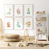 Six pastel baby dinosaur illustrations on white backgrounds with grey phrases including Be kind, Be brave and Dream big.