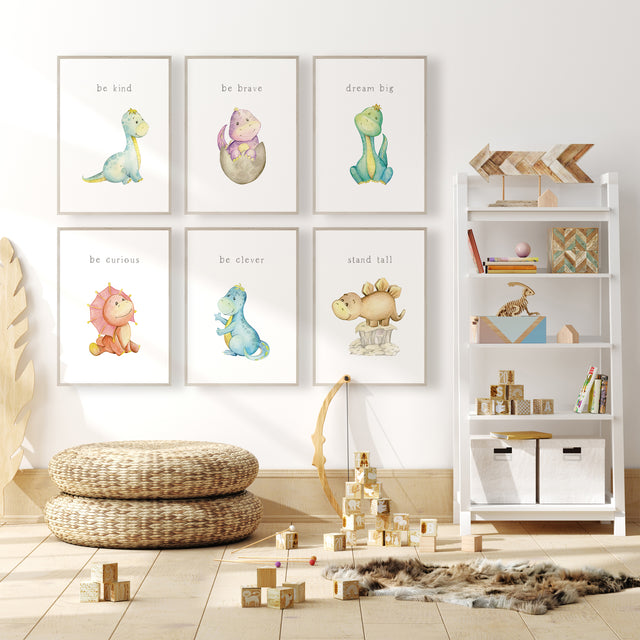 Six pastel baby dinosaur illustrations on white backgrounds with grey phrases including Be kind, Be brave and Dream big.
