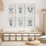 Modern nursery prints with motivational phrases like "Be Brave" and "Dream Big," featuring adorable baby animals in a soft, neutral color palette.