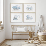 blue construction vehicle wall art set for boys room decor