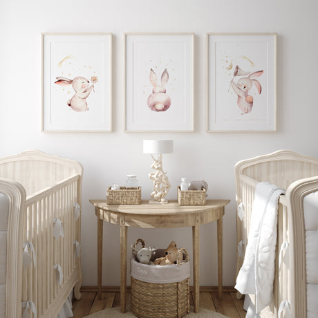 Blush bunny nursery wall art with moon and stars