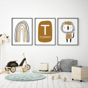 Three piece boys nursery wall art set with lion, rainbow and personalised name print