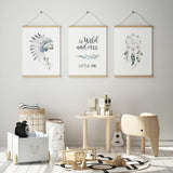 Boho tribal nursery wall art for boys featuring feather and dreamcatcher artwork