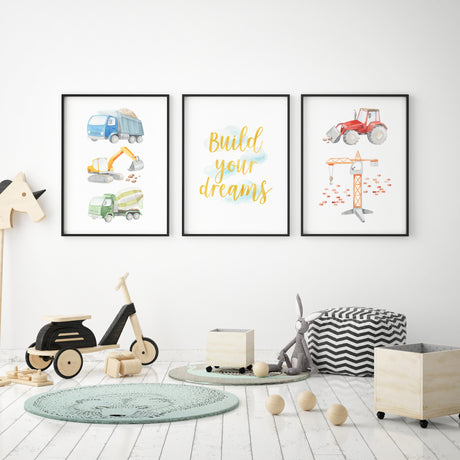 Boys construction vehicle wall art set of 3 prints with trucks, digger, crane, and “Build Your Dreams” quote